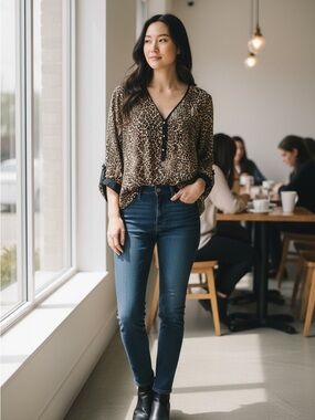 Notations Brown Leopard Print V-Neck Blouse